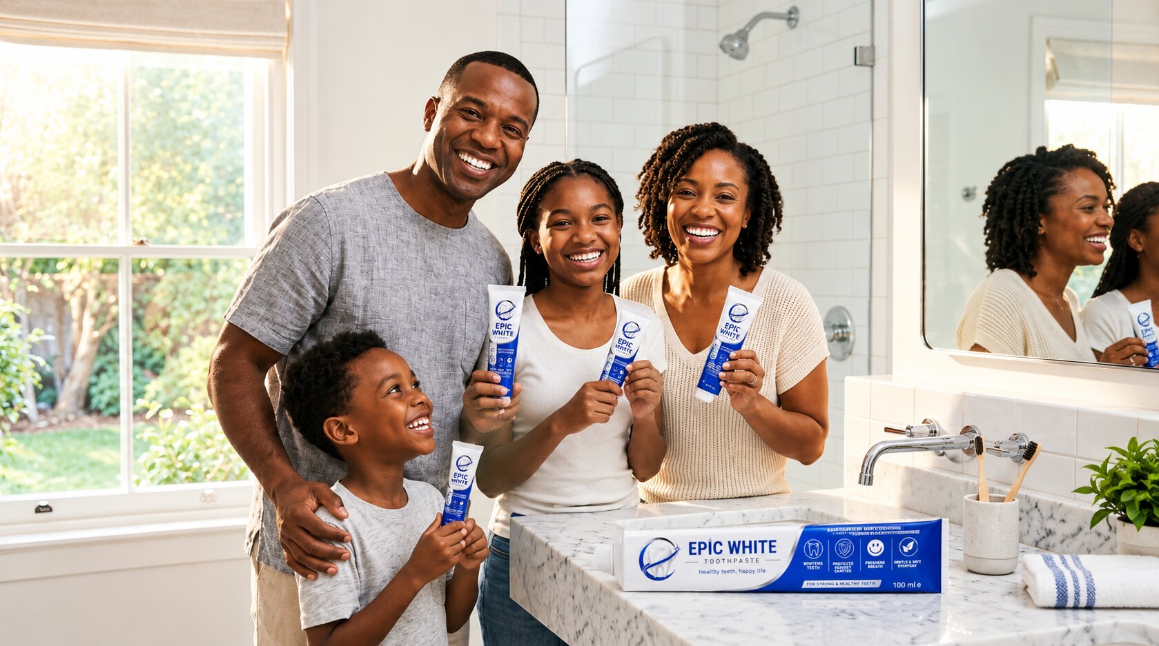 Happy family smiling with radiant white teeth holding Epic White toothpaste