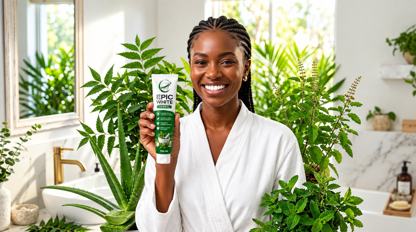 Woman smiling with natural botanicals and Epic White Herbal toothpaste